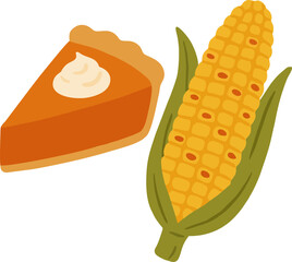 Flat seasonal food (pumpkin pie, roasted corn) isolated on transparent background