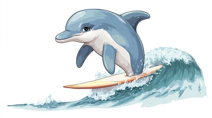 Cute cartoon dolphin surfing a wave on a surfboard
