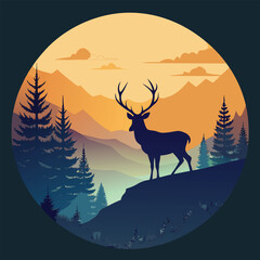 Majestic deer silhouette standing proudly atop a hill amidst a serene mountain landscape at sunset