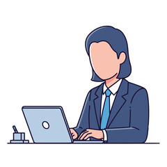 Cartoon person in suit and tie working on laptop at desk