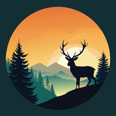 Silhouette of a deer with majestic antlers standing on a hill with a scenic mountain and forest backdrop