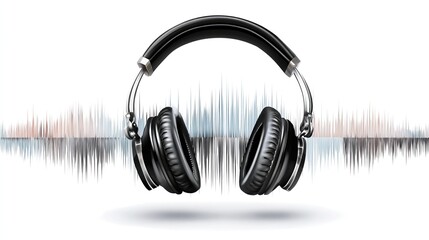 A pair of black over-ear headphones hovers over a stylized soundwave, rendered with shades of red and blue