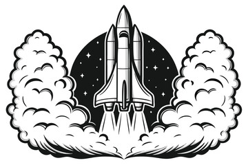 Monochromatic space shuttle ascends through clouds into star speckled galaxy atmosphere above earth