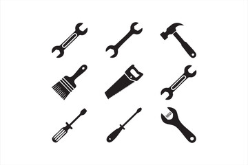 Vector silhouette tools icon set including hammer, wrench, screwdriver, saw, and paintbrush for construction and repair