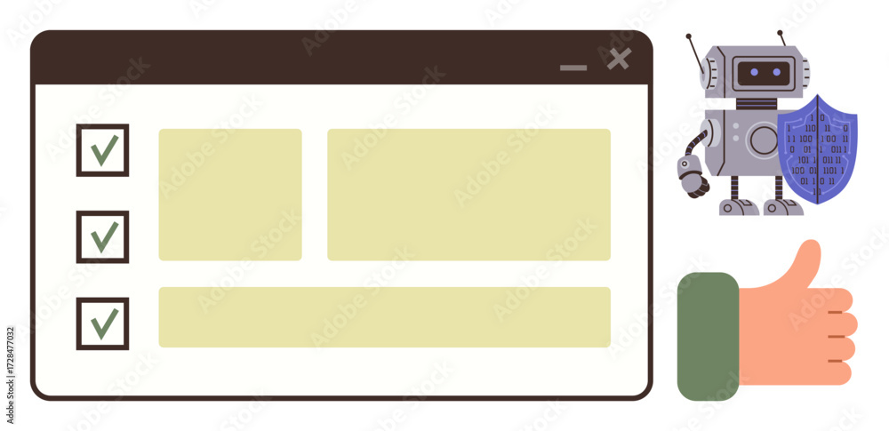 Poster robot with shield next to browser checklist interface and thumbs-up sign representing security and e