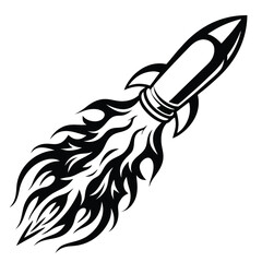 Monochrome rocket launching ascends amid smoky trails into space dotted with many twinkling stars