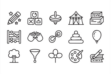 Vector outline education and school icons set, children’s learning tools, books, abacus, toys, and creative elements