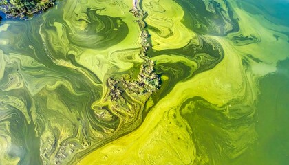 Aerial view of a polluted lake with vibrant green algae