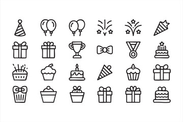Cupcakes, balloons, cakes, and party gifts outline vector illustration pack for event design and marketing templates