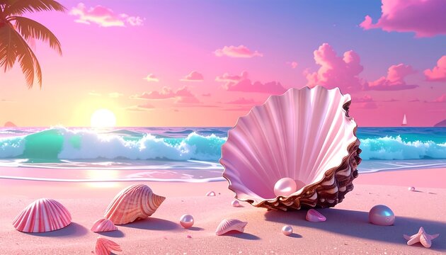 Pink sunset beach scene with a large scallop shell and pearls