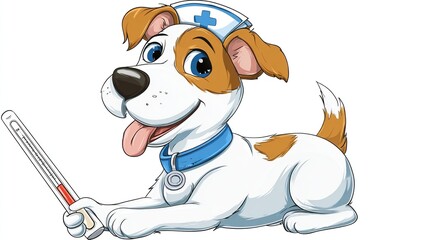 A cheerful cartoon Jack Russell Terrier, wearing a nurse's cap and blue collar, holds a thermometer, displaying a friendly, veterinary-themed image