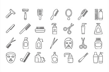 Hair salon and barber equipment icons, outline vector drawings of brushes, combs, bottles, scissors, and shaving tools