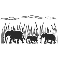 Silhouette illustration of elephants walking through tall grass