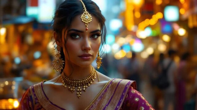 Beautiful Indian Woman in Traditional Sari at a Vibrant Night Market.