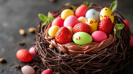 Nest with strawberry chocolate ganache and colored candy eggs