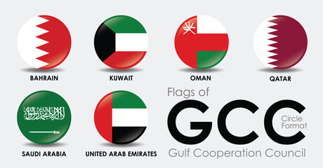 Flags of GCC countries displayed circle format, showcasing national symbols of Bahrain, Kuwait, Oman, Qatar, Saudi Arabia, and United Arab