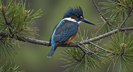 Colorful kingfisher on pine branch