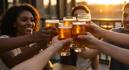 Friends toasting beers outdoors