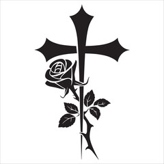 Christian Cross With Rose Floral Silhouette