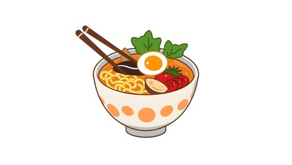 Cute flat cartoon illustration of a ramen bowl with chopsticks, designed in simple and colorful style, isolated on a clean white background