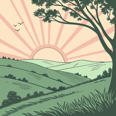 Obraz premium Sunrise over rolling hills with a tree silhouette and birds in the distance