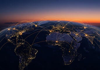 Global network connections illustrated by illuminated cities and connecting lines on a stylized Earth against a twilight sky.