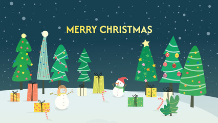 Merry Christmas Scene with Snow, Trees, Presents, and Snowmen Vector Illustration