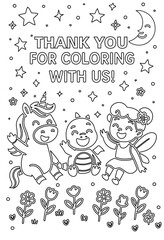 Cute Unicorn, Baby Animal, and Fairy Coloring Page for Kids, Thank You Coloring Sheet