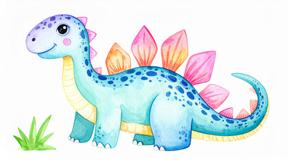 Fototapeta premium Watercolor painting of cute dinosaur, joyful prehistoric animal isolated on white background.