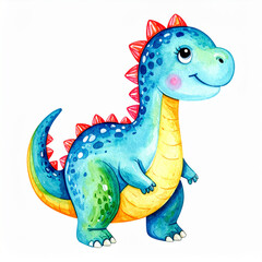 Fototapeta premium Watercolor painting of cute dinosaur, joyful prehistoric animal isolated on white background.