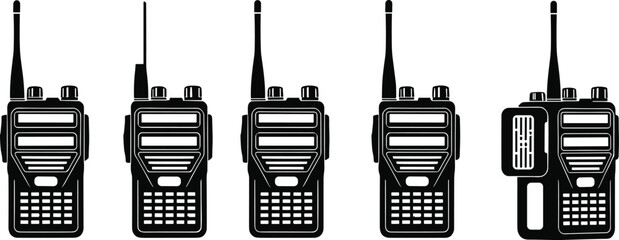 Walkie-talkie vector set, handheld radio illustration, communication device, black and white icons, antenna variation, emergency gear, portable transceiver, tactical equipment © Shafik Creatives
