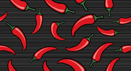 A vibrant pattern of red chili peppers scattered randomly on a dark, horizontally striped background, creating a spicy and energetic design.