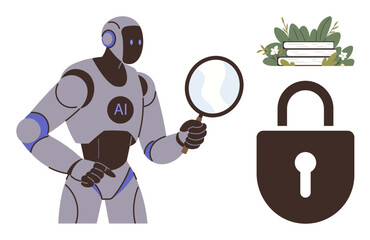 AI-powered robot holding magnifying glass examining cybersecurity, lock symbol, stack of books, greenery. Ideal for technology, learning, privacy, innovation, AI security research simple flat