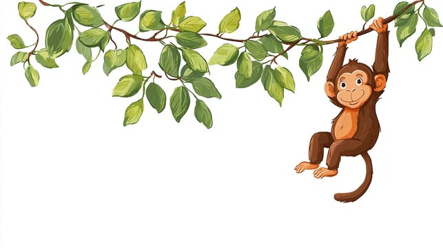 Cartoon brown monkey hangs playfully from a leafy branch against a clean white backdrop - Powered by Adobe