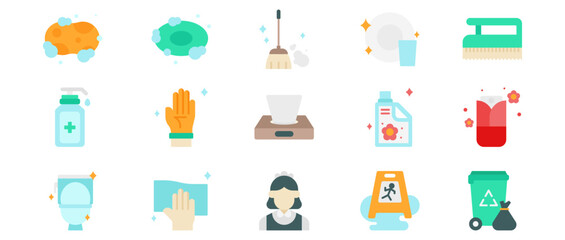 Collection of Household Cleaning Tools and Products Including Sanitizer, Sponges, and Disinfectants on a White Background