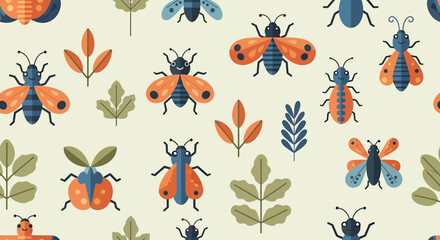 A charming seamless pattern of various colorful insects and leaves, illustrated in a flat, modern graphic style.