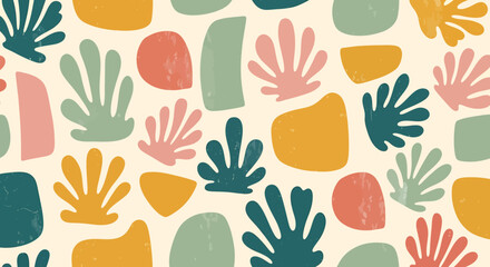 A vibrant and playful abstract pattern featuring organic shapes and botanical-inspired motifs in a warm, retro color palette.