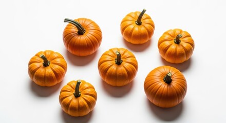 Several small, vibrant orange pumpkins are arranged on a clean white background. The minimalistic composition highlights the smooth texture and natural color of the pumpkins