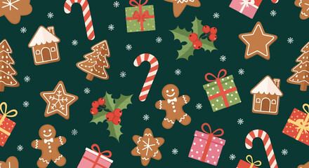 Festive Christmas pattern with gingerbread cookies, candy canes, and gifts on a green background.