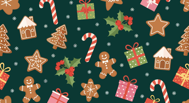 Festive Christmas pattern with gingerbread cookies, candy canes, and gifts on a green background.