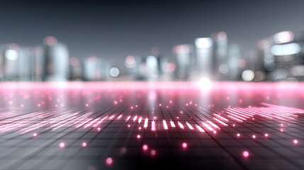 Futuristic Pink Grid Over Cityscape Silhouette At Night With Light Streaks