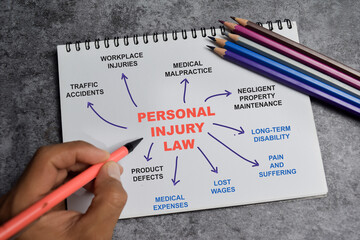 Concept of personal injury law write on book with keywords isolated on Wooden Table.