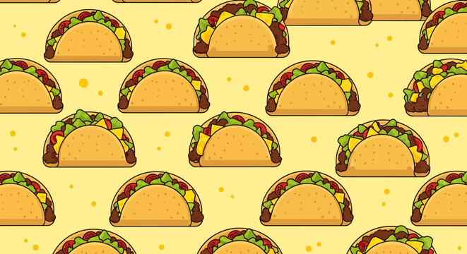 A repeating pattern of cartoon tacos on a yellow background with small yellow dots.