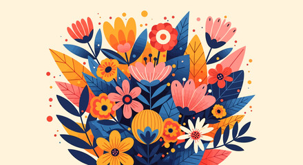 Colorful floral arrangement with stylized flowers and leaves in a flat, illustrative style.