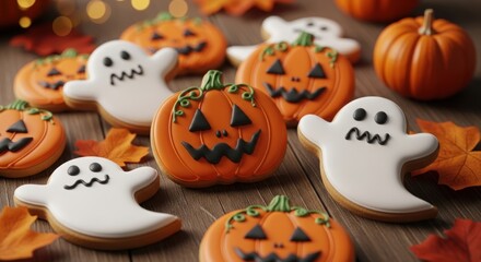 Festive cookies in the shape of pumpkins and ghosts, decorated with bright icing