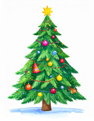 Fototapeta premium Watercolor painting of festive fir tree isolated on white background. Hand drawn art.