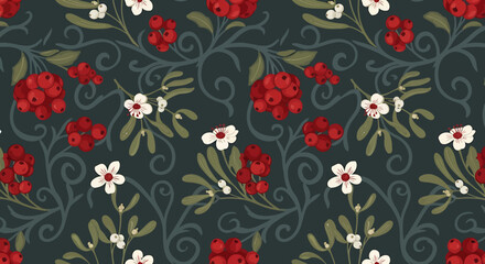 Seamless pattern featuring red berries, white mistletoe flowers, and green foliage with swirling vines on a dark teal background, evoking a festive winter theme.