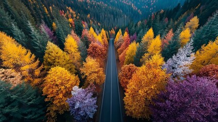 Aerial photography of forest highway in autumn