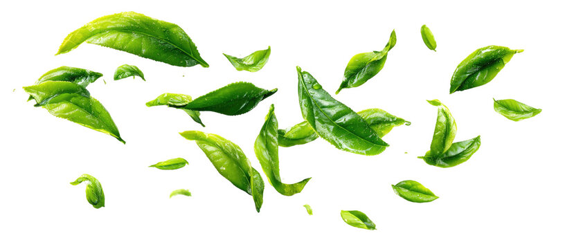 Green tea leaves in motion