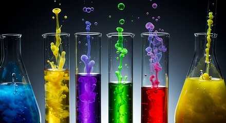 Colorful liquids in lab glassware